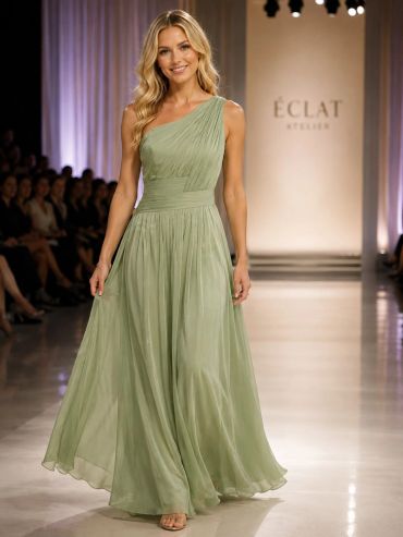 Model walking runway in a flowing sage green one-shoulder gown.