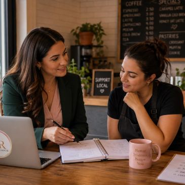 Two women discussing notes at a coffee shop.