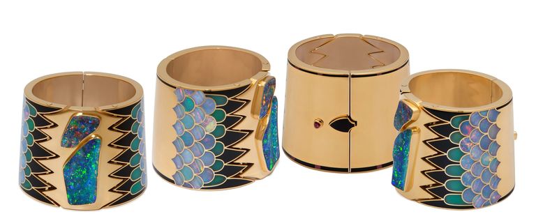 One of a kind contemporary fine art jewelry in precious metals and stone inlay.