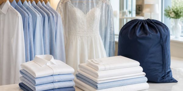 Neatly folded shirts and dresses with a laundry bag.