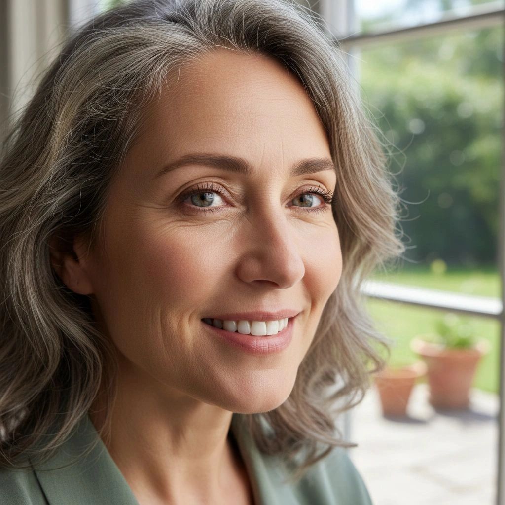 Smiling mature woman with gray hair near a window with plants outside.