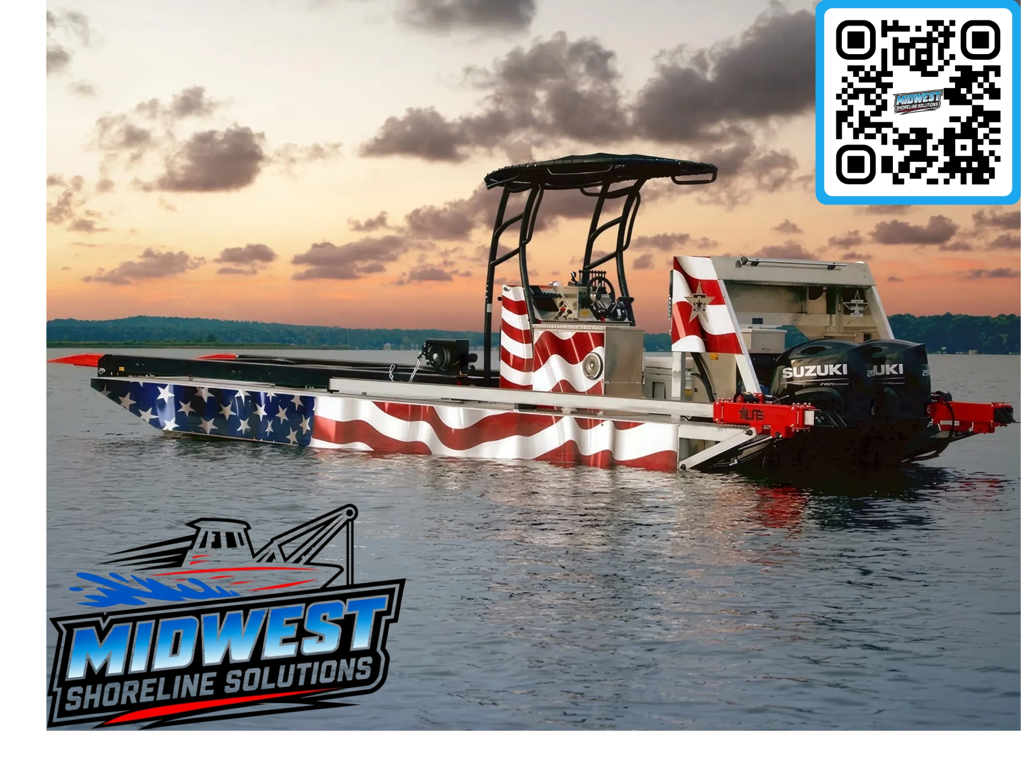 American flag themed powerboat on water at sunset.
