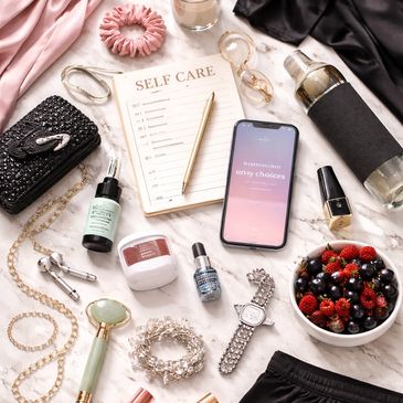 Flat lay of self-care items, jewelry, phone, and a bowl of berries on a marble surface.