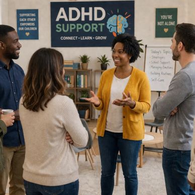 A group discussing ADHD support in a welcoming community setting.