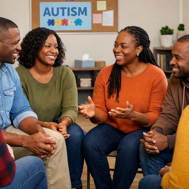 A diverse group in a supportive autism discussion group.