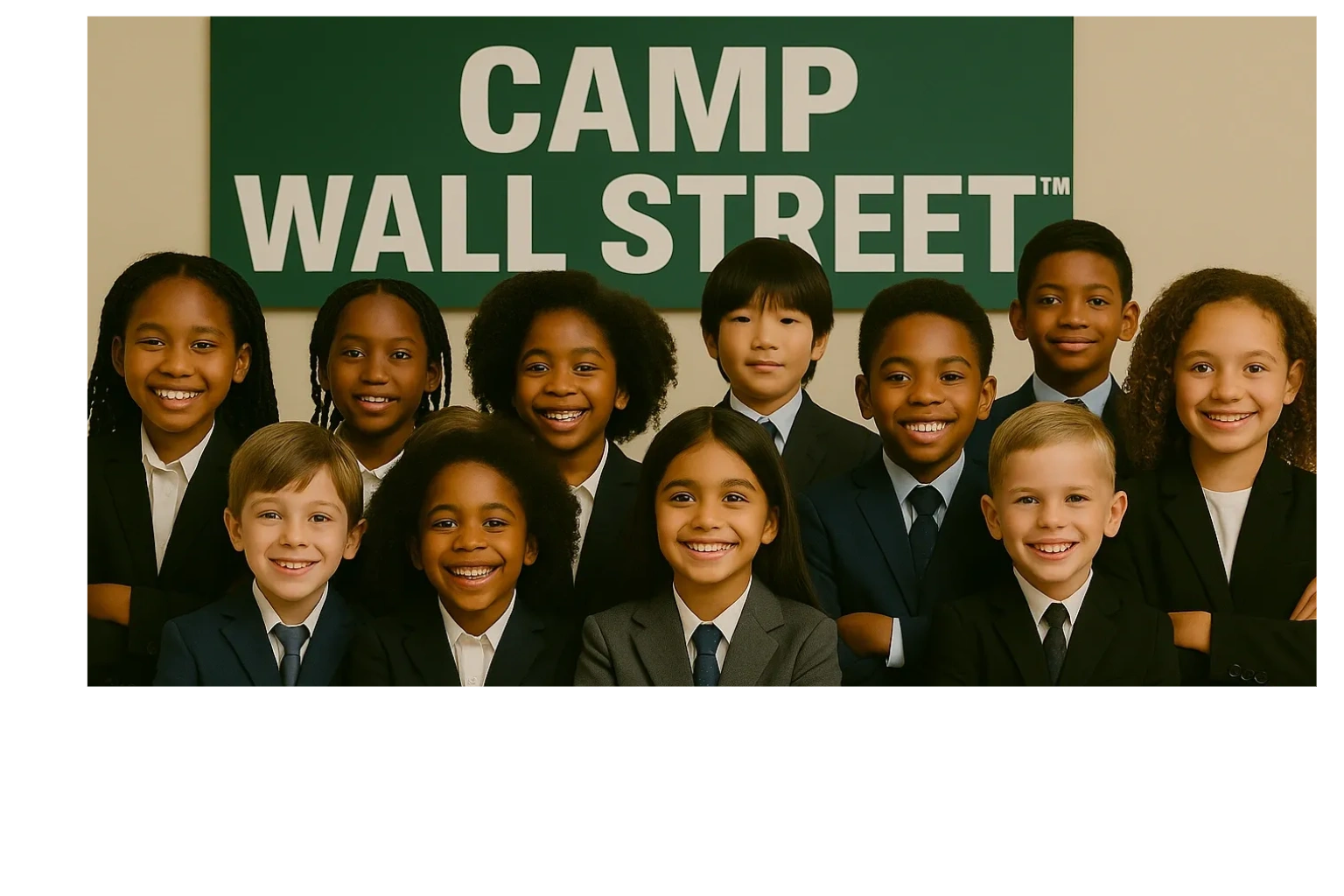 Diverse children in suits smile confidently, symbolizing leadership and financial empowerment.