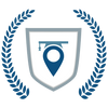 Shield logo with graduation cap and location pin, flanked by laurel branches.