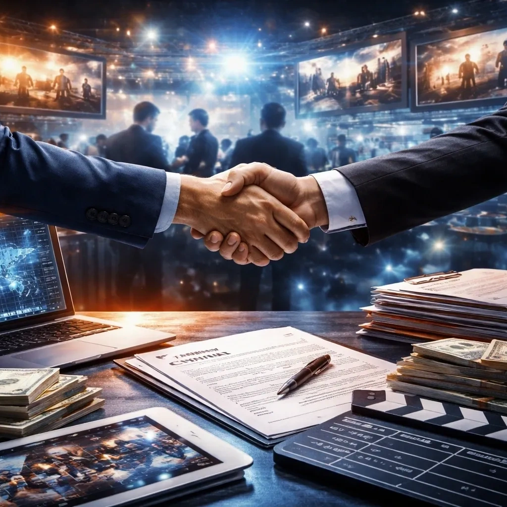 Two businesspeople shaking hands over a contract with money and tech around.