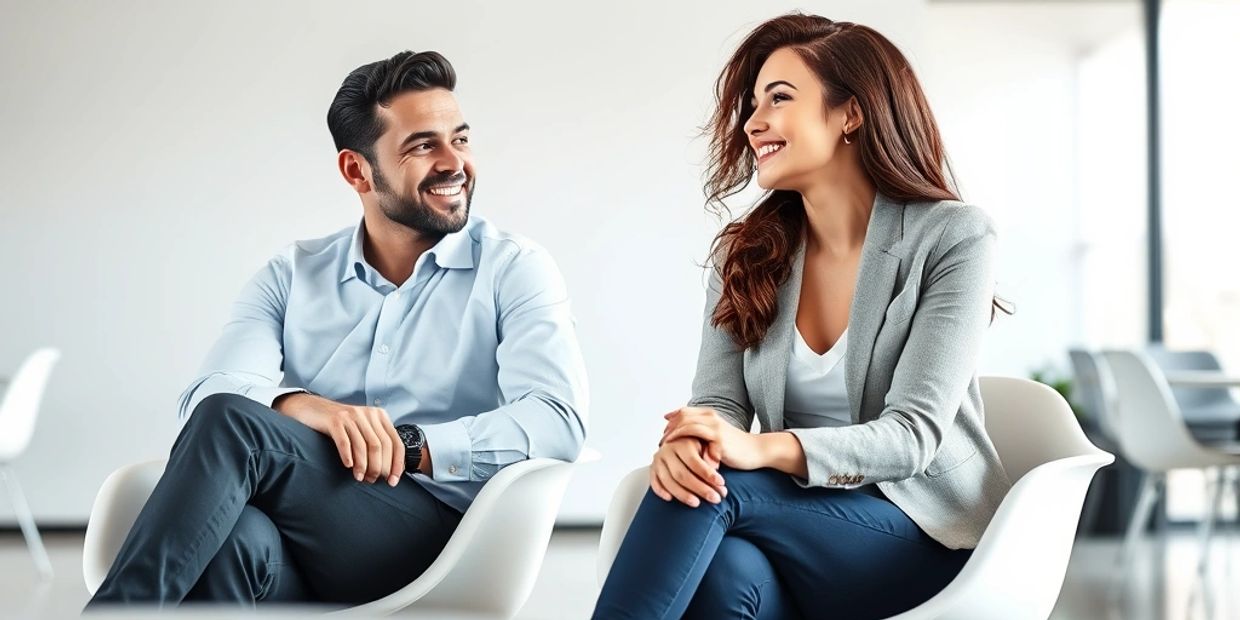 Two professionals smiling and engaging in a friendly conversation while seated.