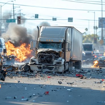 Wrecked semi-truck with debris and fire on a busy street after a crash.