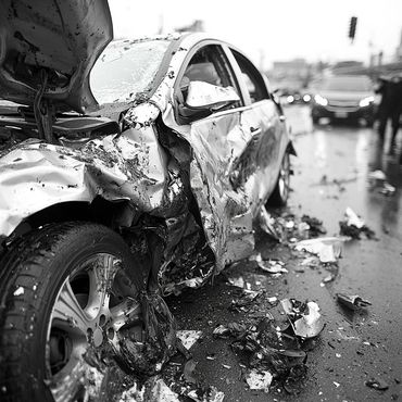 Severely damaged car after a crash with debris scattered around.