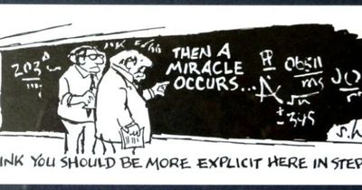Two men discussing complex math with the phrase 'Then a miracle occurs' on the board.