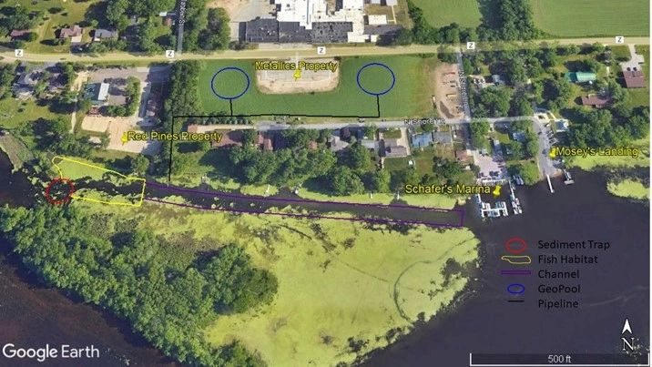 Aerial map showing sediment trap, fish habitat, and pipeline near marina and properties.