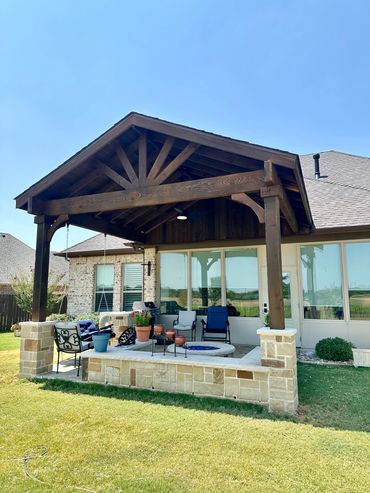 Gable patio cover installation located in Decatur, Tx