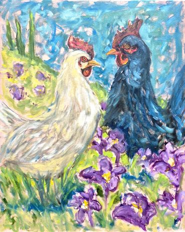 Chickens Among the Irises
Oil on canvas
16" x 20"
$800 (framed)
Contact me: 4handarts@gmail.com