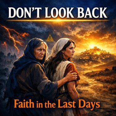 Two women look ahead amid a stormy sky and a glowing city, titled 'Don't Look Back: Faith in the Last Days.'