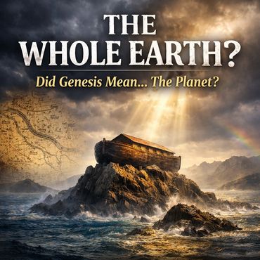 Noah's Ark on a rocky island under dramatic skies with text questioning Genesis' meaning.