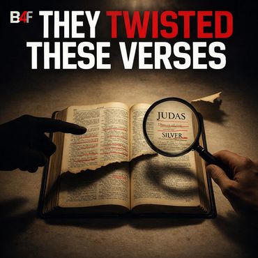 A magnifying glass highlights the words 'Judas' and 'Silver' in an old book with the text 'They Twisted These Verses'.