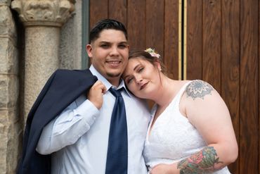 Husband and Wife portrait after wedding in Downtown Spartanburg South Carolina