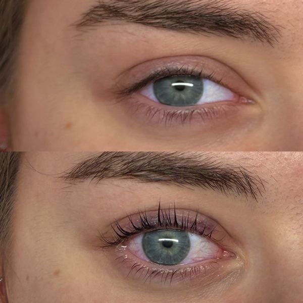 Close-up of an eye before and after applying mascara, showing enhanced eyelashes.