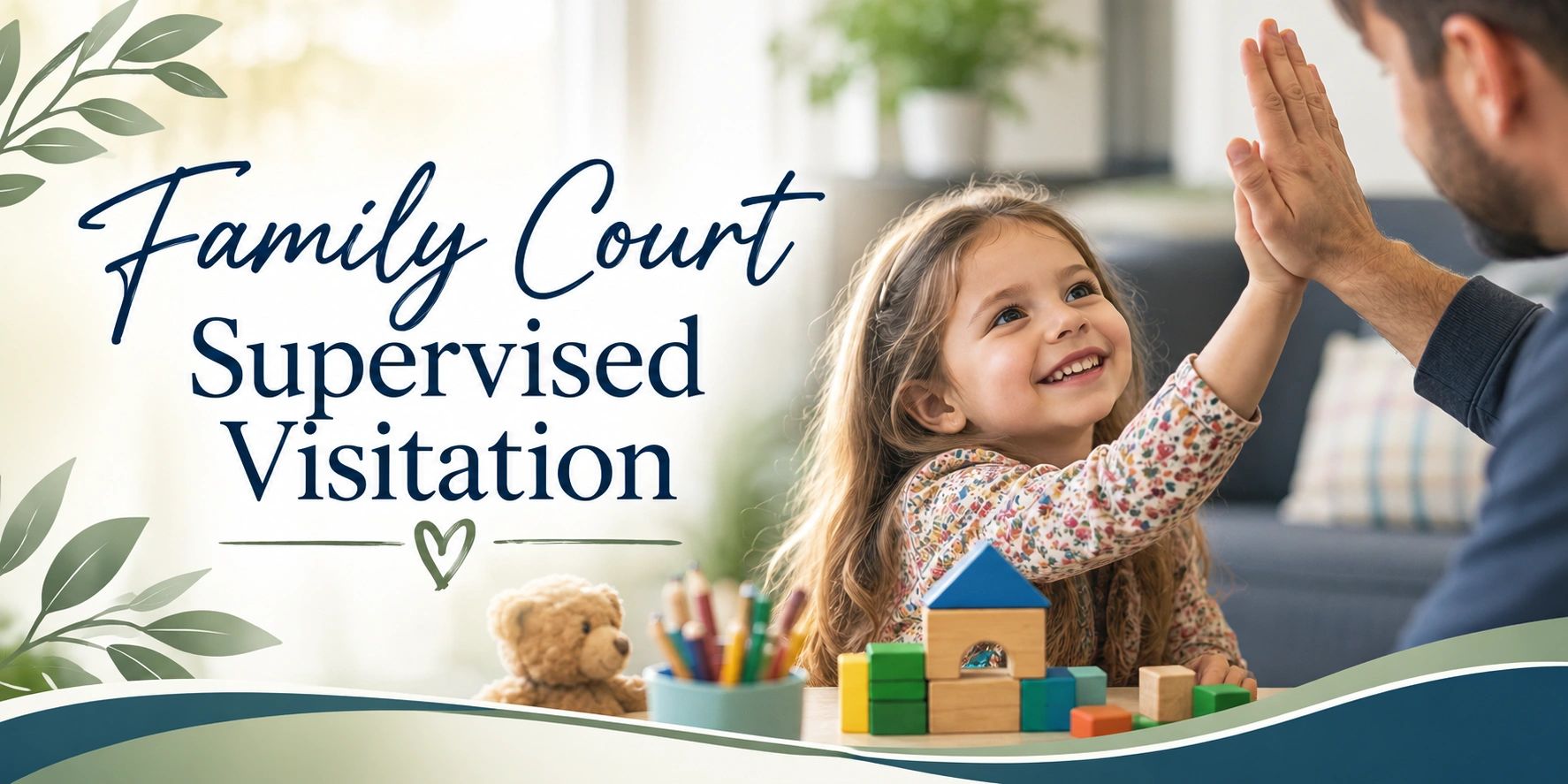 Family court supervised visitation with a joyful child giving a high-five.