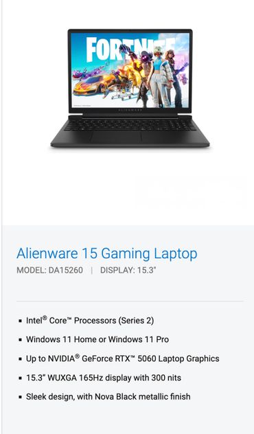 Alienware 15 gaming laptop with Fortnite on screen and high-performance specs.