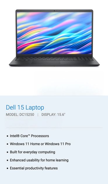 Dell 15 Laptop with Intel Core processors and Windows 11, designed for everyday use and home learning.