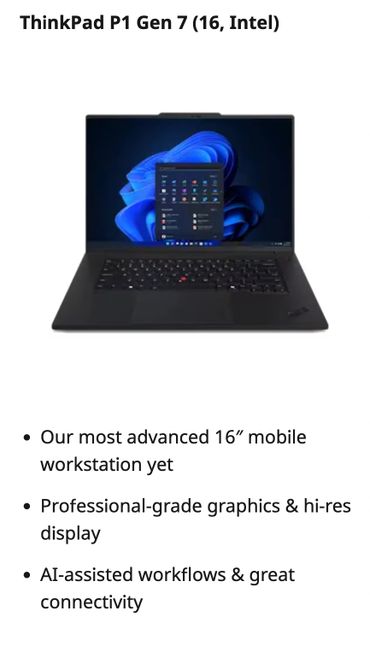 ThinkPad P1 Gen 7 laptop with 16-inch display and advanced features.
