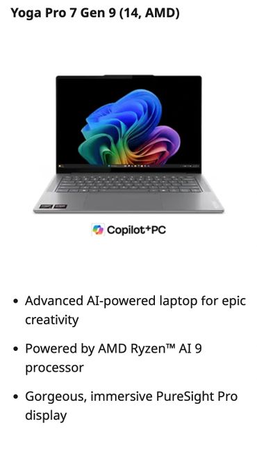 Yoga Pro 7 Gen 9 laptop with AI-powered AMD Ryzen 9 processor and immersive PureSight Pro display.