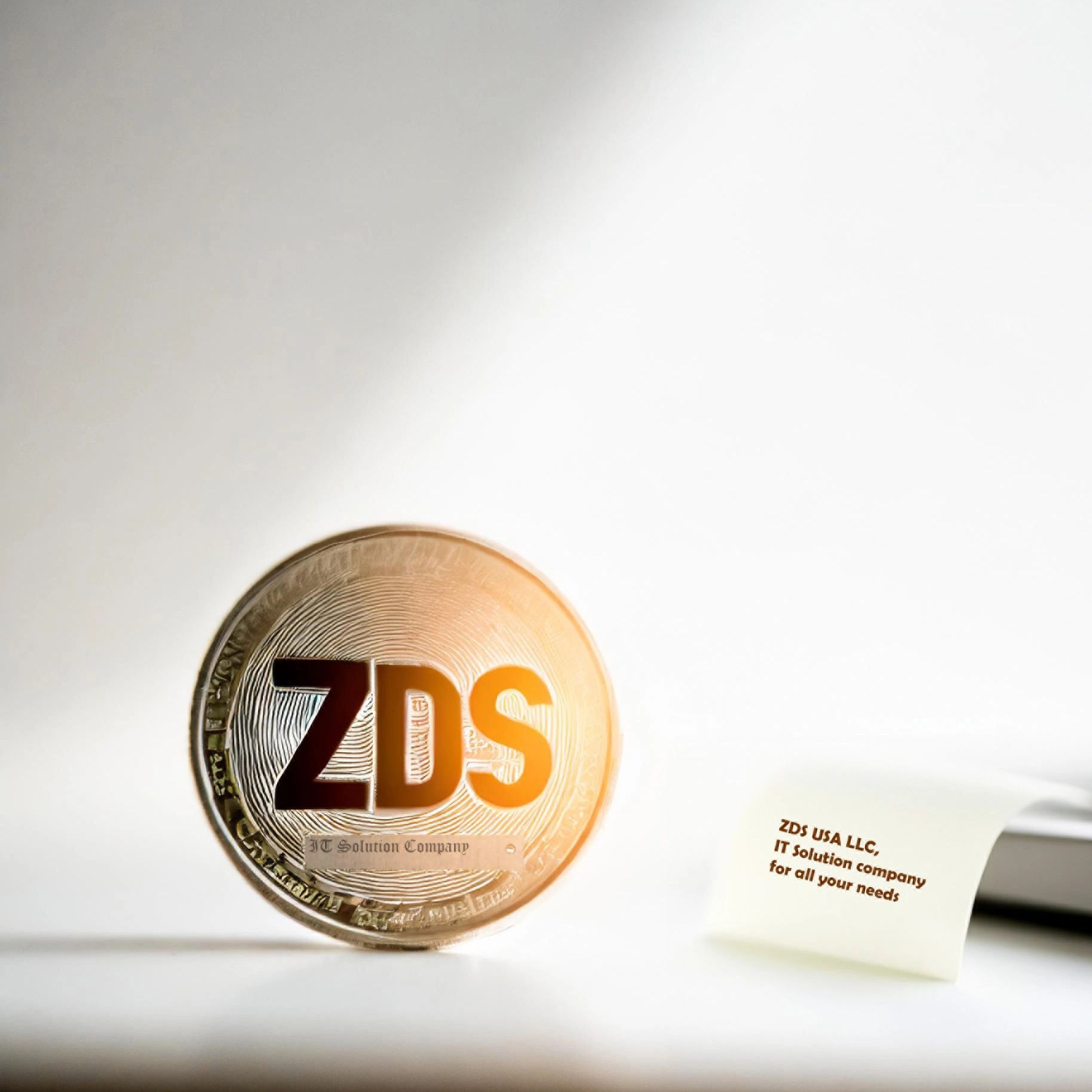 A golden coin with ZDS logo and an IT solution company card.