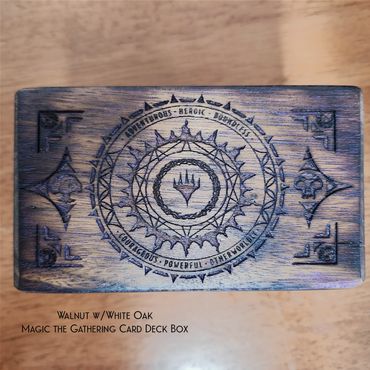 Custom Magic The Gathering Laser Engraving on lid of a custom MTG deck box.