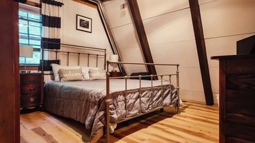 Bedroom inside Vermont Chalet A-frame cabin in Jamaica Vermont