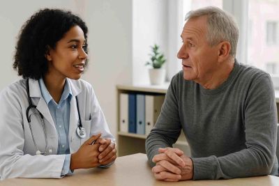 Doctor talking to elderly male patient in office.