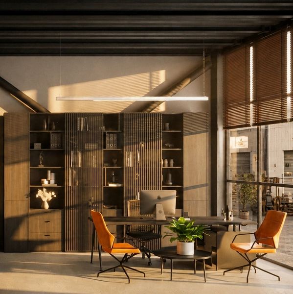 Modern ofis alanı bol güneş ışığı ile aydınlanmış.