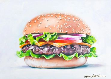 A detailed painting of a cheeseburger with lettuce and onions.