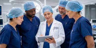 Medical team reviewing information on a tablet in a hospital.