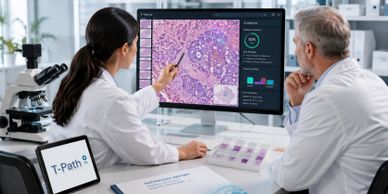 Two scientists analyze digital pathology images on a large screen in a lab.
