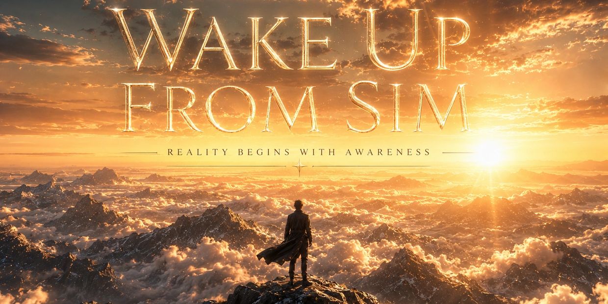 Man standing above clouds with text Wake Up From Sim.