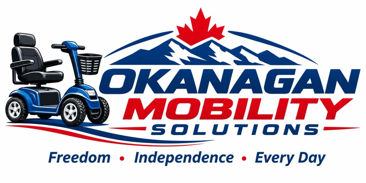 Logo for Okanagan Mobility Solutions with a blue mobility scooter and Canadian maple leaf.