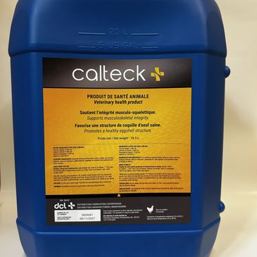 Blue container of Calteck veterinary health product.