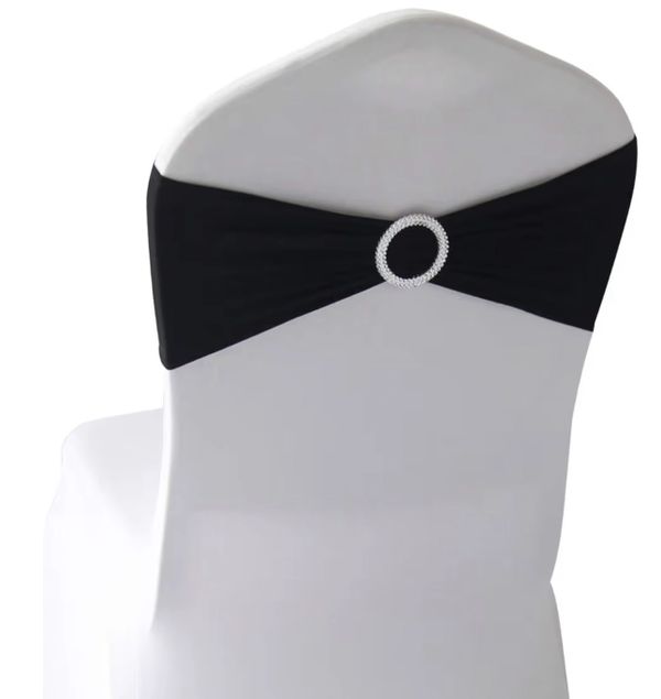 Spandex chair sashes. As shown. Most have buckle. Available in many colors, just ask.