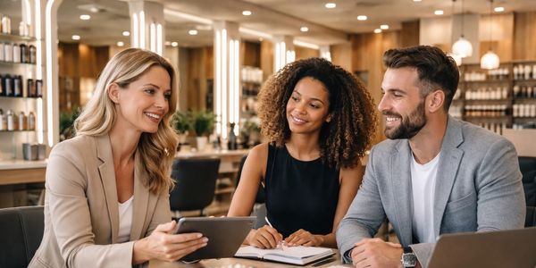 A diverse, gender-neutral salon team in a black and gold space, collaborating in a professional cons