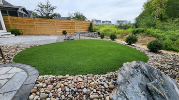 Backyard with artificial grass and wooden fence in Wendell NC.