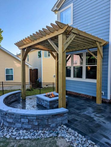 Firepit with Pergola and Seating Wall