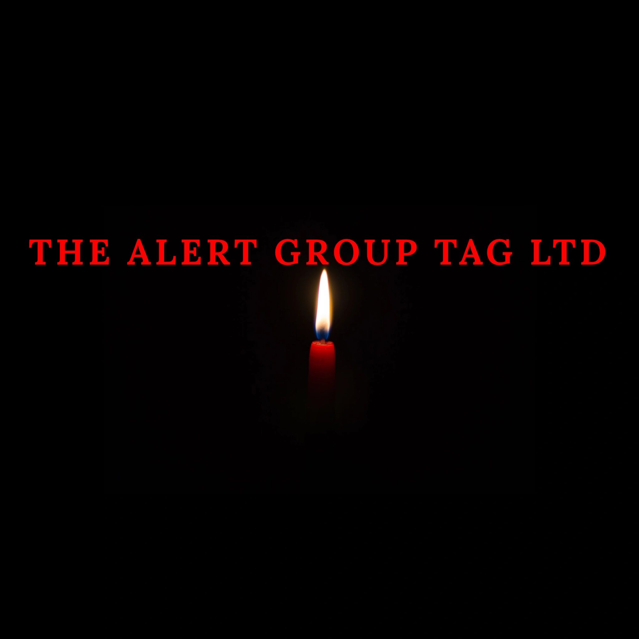 THE ALERT GROUP TAG LTD displayed in red with a lit red candle centred underneath. black background.