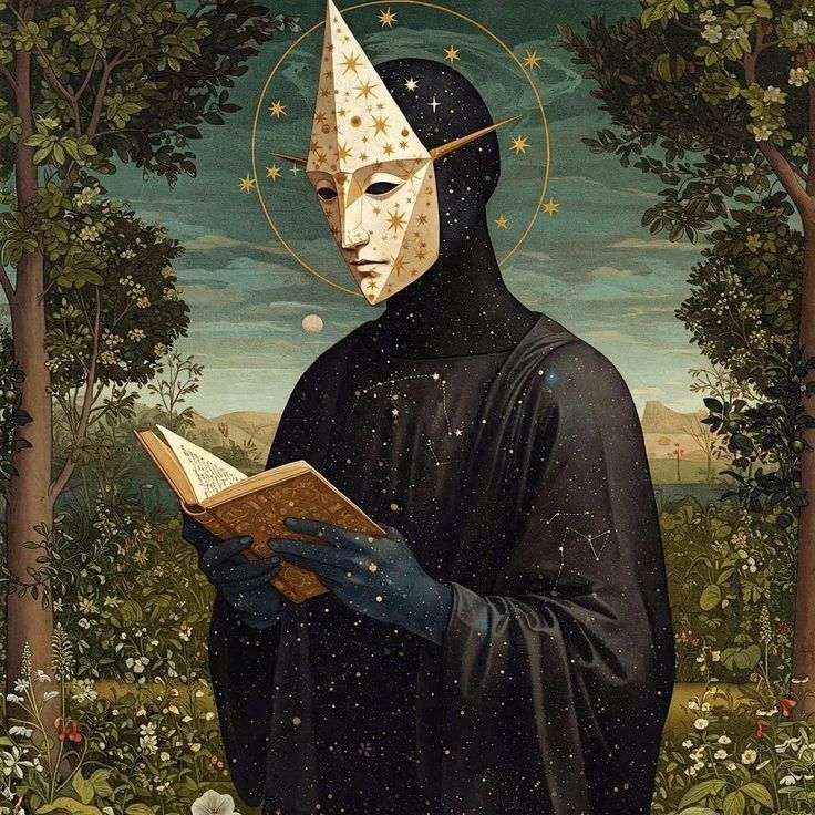 Mysterieuze figuur met sterrenhemel en masker leest een boek in een tuin.