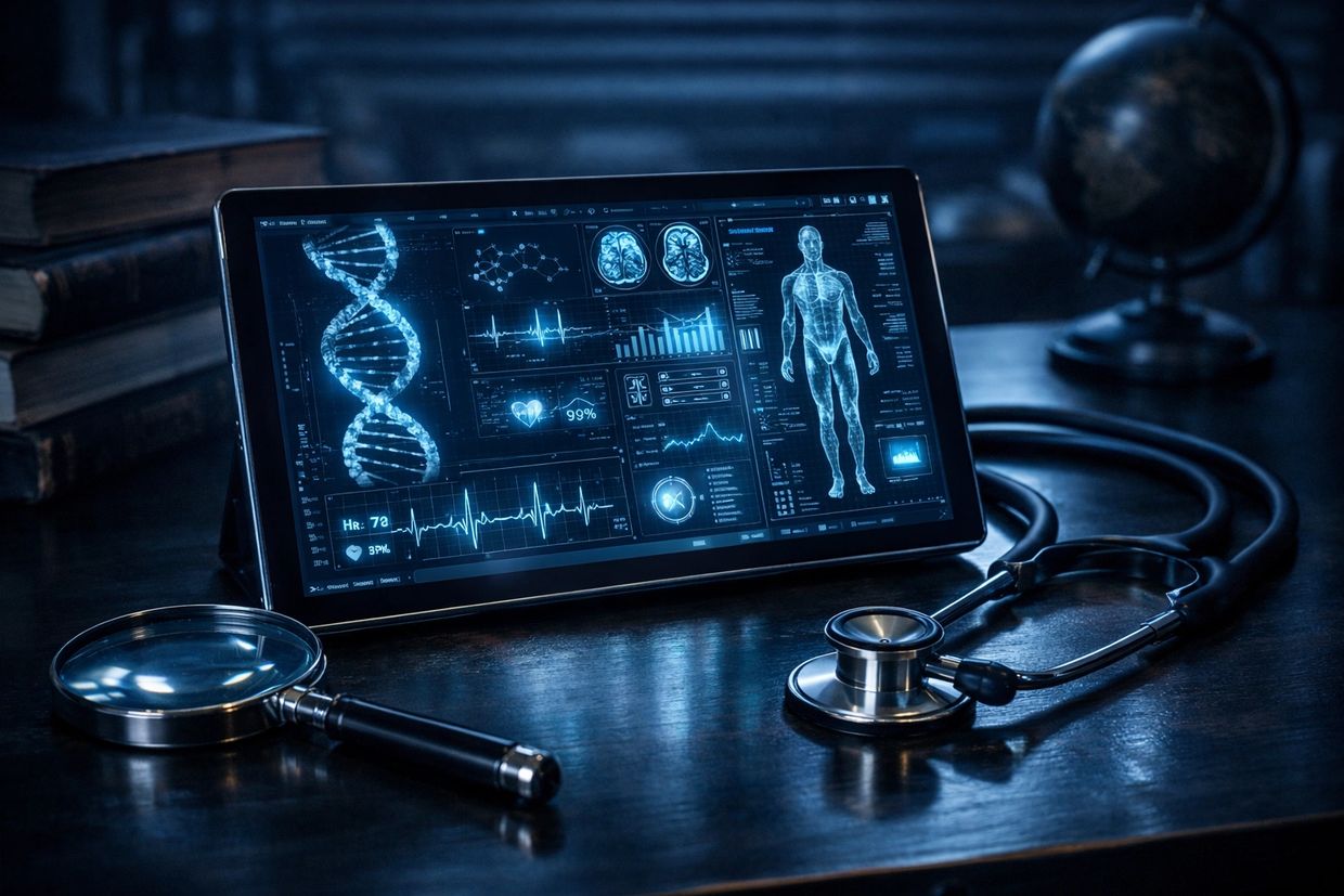 Uma mesa de detetive moderno, misturando elementos clássicos de Sherlock Holmes com tecnologia médic