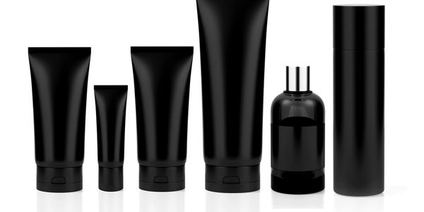 a line of black bottles with no labels, of various shapes and sizes.