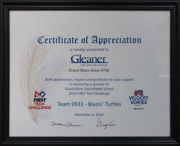 Certificate noting Innovative Health and Wellness' sponsorship of Grand Blanc East Middle School