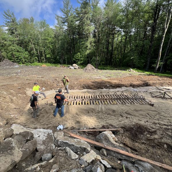 Workers stand near a construction site in a forest clearing on a sunny day.